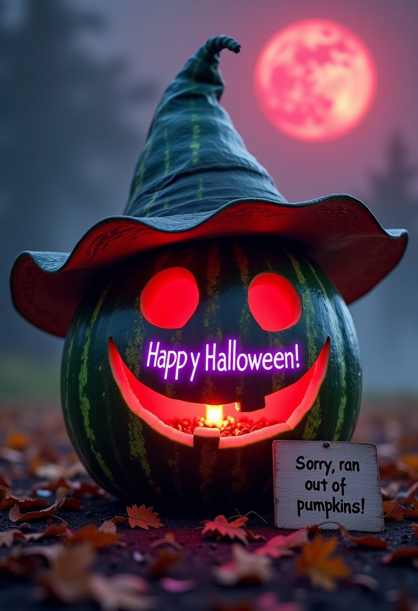A watermelon jack-o-lantern, wearing an intricately designed witch hat, with the words "Happy Halloween!" vividly carved into it in purple neon text. A sign next to the watermelon reads "Sorry, ran out of pumpkins!". Halloween theme, spooky background. 4k masterpiece, detailed background, mist, bright red moon in the sky.