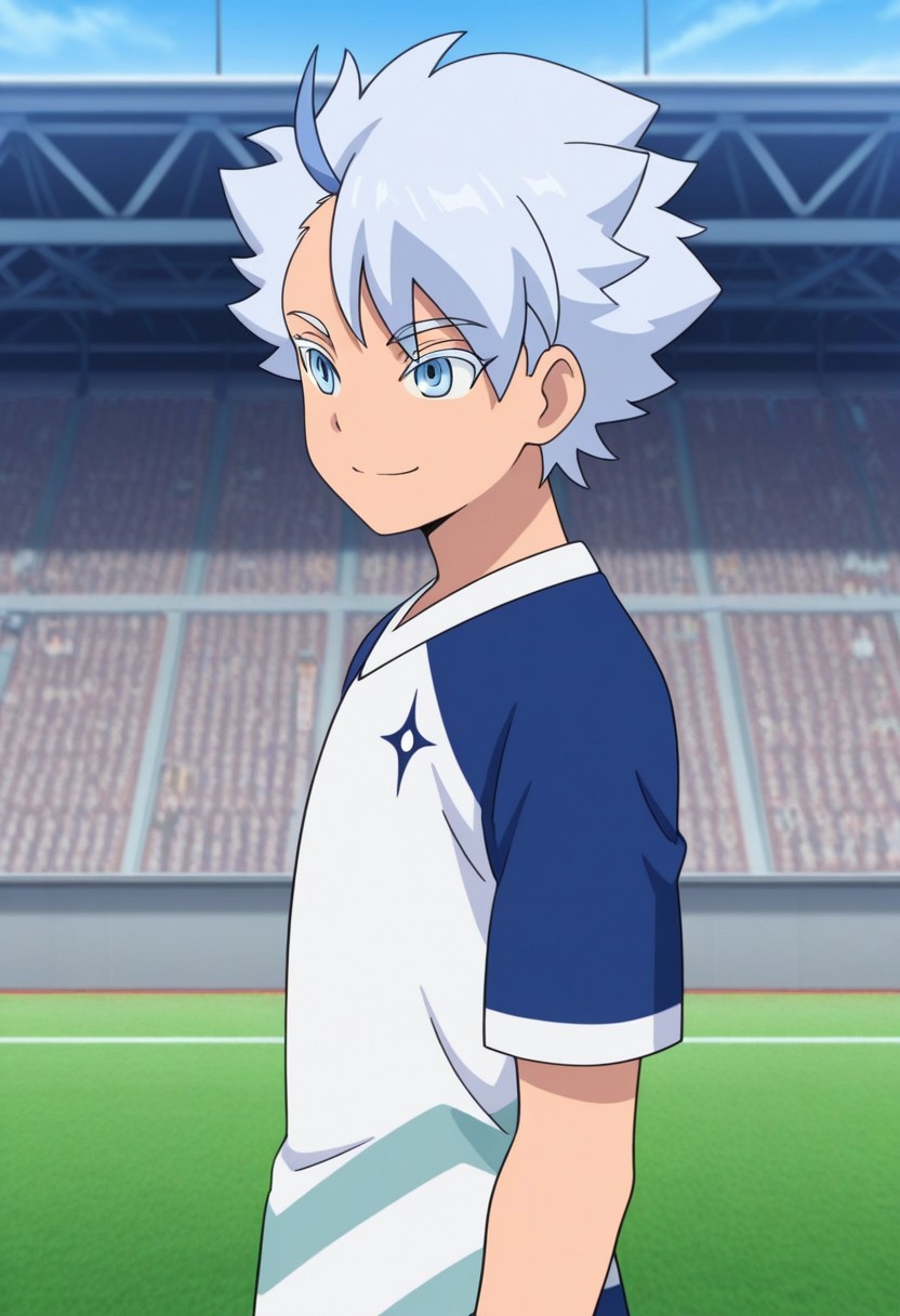 masterpiece,best quality,amazing quality, source_anime,
FroyGirikanan, 
1boy, male focus, solo, blue eyes, multicolored hair, grey hair, blue hair, supaku soccer uniform, shirt, raglan sleeves, short sleeves, multicolored shirt, blue and white shirt, smile, upper body,
outdoor, stadium, grass,