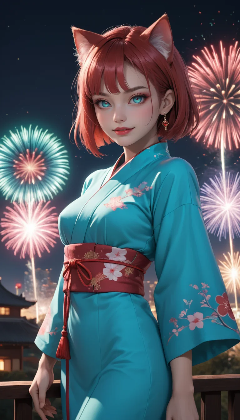 Cowboy Shot, girl, cute, seductive, innocent, light smile:0.3, plump lips, slender body, cat ears cyberpunk spy lord, kimono, bob hair, radiant color, pale turquoise and red hair, ghostly fantasy settlement in a Mudflat, night, fireworks background, depth of field, dynamic angle, fashion photography, sharp, hyperdetailed:1.15, 4n1v3rs3