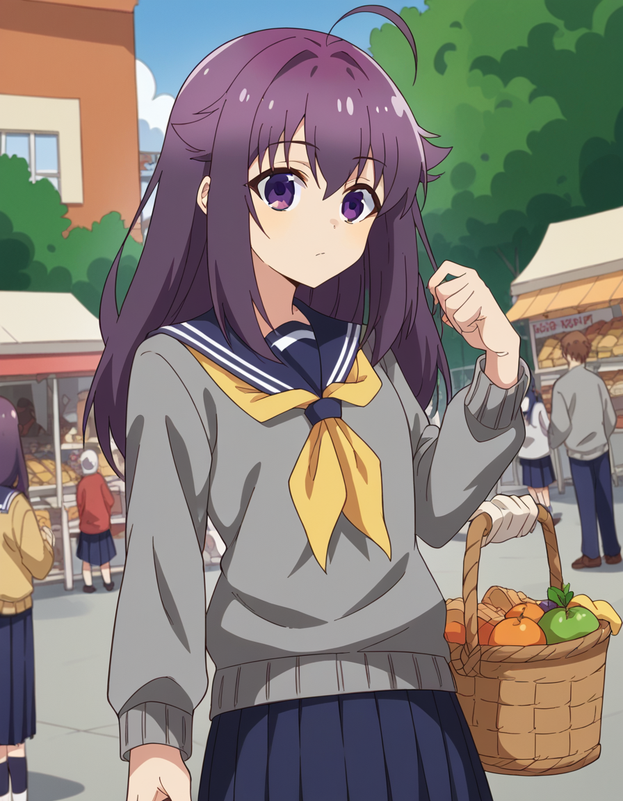 score_9, score_8_up, score_7_up, source_anime, <lora:anko-koshi-s1-ponyxl-lora-nochekaiser:1>, anko koshi, long hair, bangs, purple eyes, purple hair, ahoge, hair flaps,, skirt, long sleeves, school uniform, pleated skirt, serafuku, sailor collar, sweater, blue skirt, neckerchief, yellow neckerchief, grey sweater, farmers market, fresh produce, local vendors, baskets, sunny day, community, , , undefined, solo,, cowboy shot, dutch angle