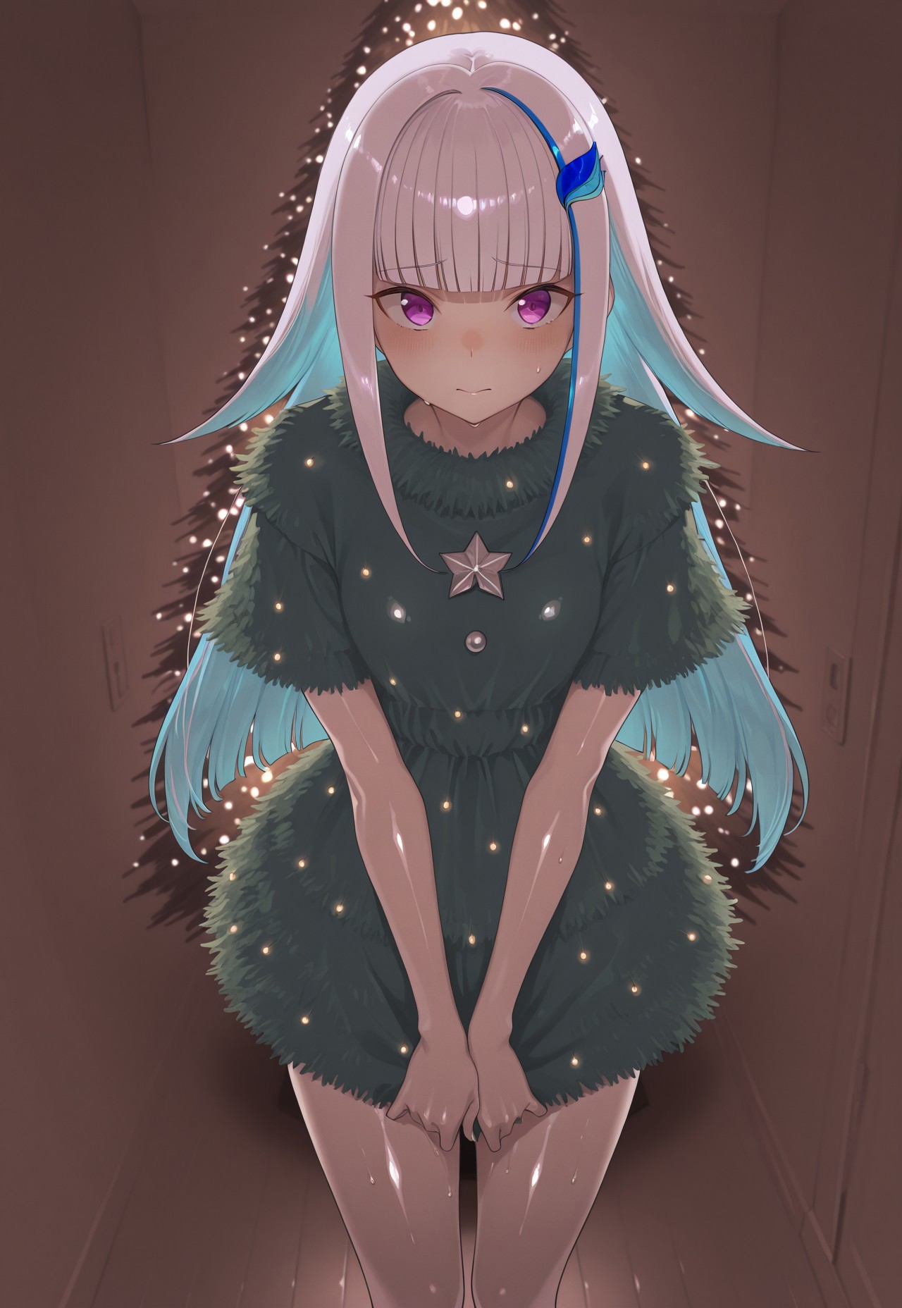 masterpiece, best quality, Z0nt4, (((1girl)), solo,

((virtual youtuber,lize helesta, long hair, blunt bangs, multicolored hair, blue hair, hair flaps, sidelocks, purple eyes, shiny skin, christmas tree costume, dress))

looking at viewer, standing, shy,

indoors, livingroom background, bright theme, night time,