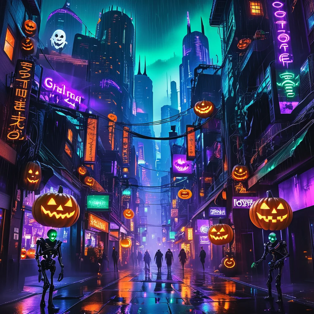 masterpiece,high resolution
A sprawling cyberpunk city at night, filled with towering neon skyscrapers and glowing holograms. The city is decorated for Halloween, with neon jack-o'-lanterns hanging from buildings, glowing orange and purple lights illuminating the streets. Futuristic advertisements feature eerie Halloween creatures like holographic ghosts and digital bats flying between buildings. The streets are wet from recent rain, reflecting the vibrant colors of the city. Trick-or-treaters in high-tech costumes walk through the neon-lit alleyways, while robotic skeletons and witches patrol the sidewalks. The city is bathed in an eerie glow of neon orange, green, and purple, blending the spooky Halloween atmosphere with the futuristic vibe
, <lora:halloween_x_cyberpunk-xl-9:0.6>