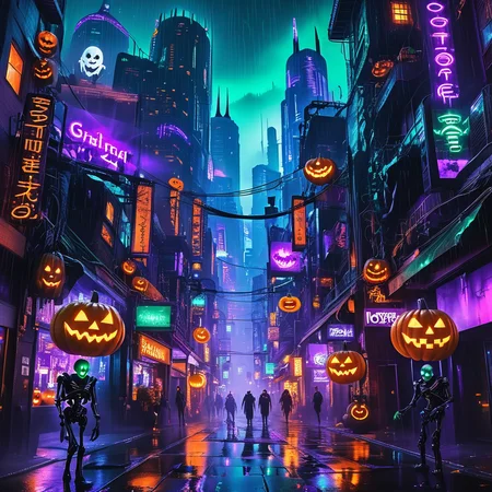 masterpiece,high resolution
A sprawling cyberpunk city at night, filled with towering neon skyscrapers and glowing holograms. The city is decorated for Halloween, with neon jack-o'-lanterns hanging from buildings, glowing orange and purple lights illuminating the streets. Futuristic advertisements feature eerie Halloween creatures like holographic ghosts and digital bats flying between buildings. The streets are wet from recent rain, reflecting the vibrant colors of the city. Trick-or-treaters in high-tech costumes walk through the neon-lit alleyways, while robotic skeletons and witches patrol the sidewalks. The city is bathed in an eerie glow of neon orange, green, and purple, blending the spooky Halloween atmosphere with the futuristic vibe
, <lora:halloween_x_cyberpunk-xl-9:0.6>