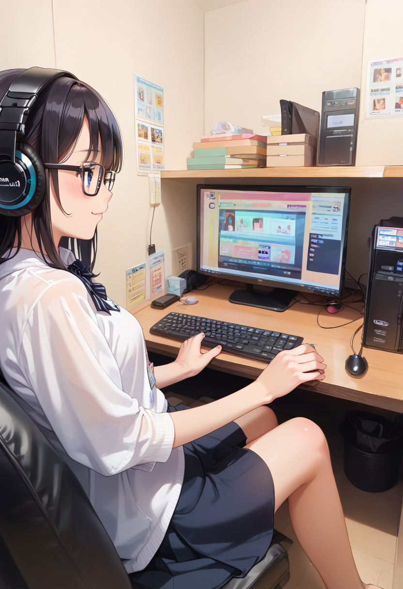 score_9, score_8_up, score_7_up, rating_safe, masterpiece, best quality, absurdres, unity 8k wallpaper, official art, official style, source_anime, uncensored, game cg, megami magazine,
1girl, glasses, solo, 
necafe, scenery, headphones, keyboard (computer), sitting, monitor, black hair, computer, mouse (computer), chair, indoors, desk
<lora:NetCafe_PONY_V1:1>