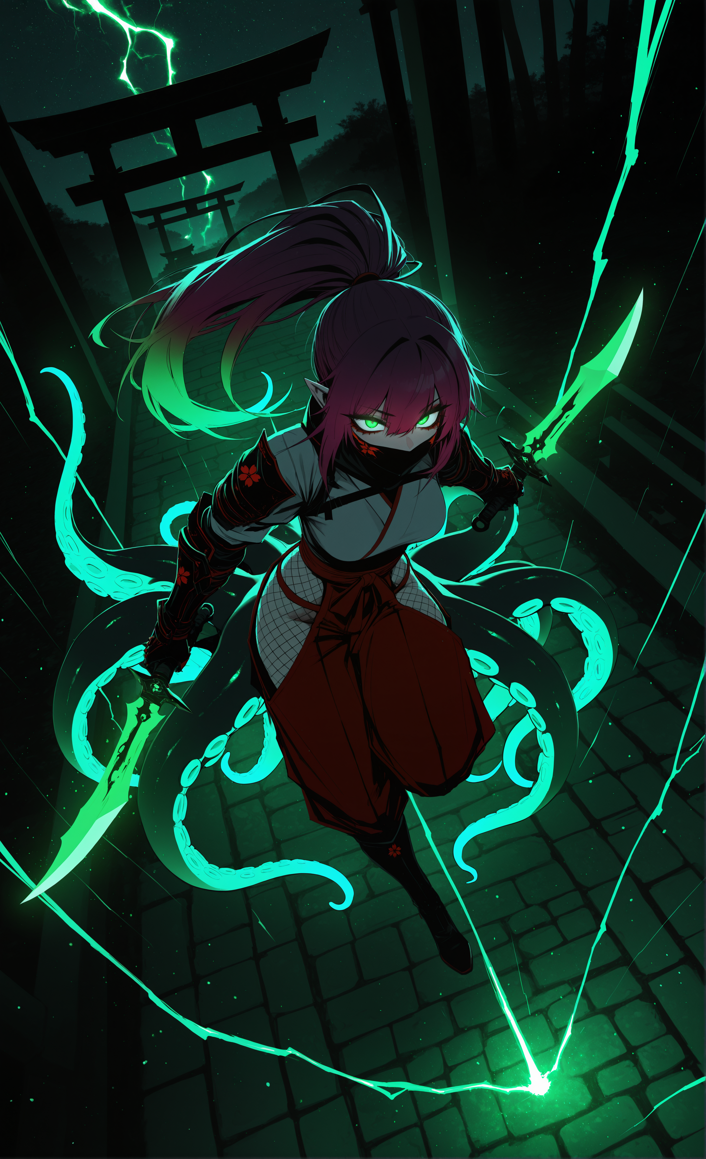 masterpiece, sharp detail, intricate detail, hair shader, 1girl, j.k., medium breasts, (dark deep purple upper hair), gradient hair, red eyeliner, (green tips), long hair, high ponytail, pointy ears, vivid green eyes, scylla, monster girl, 4 thin long purple tentacles growing from back, white ninja outfit, fishnet, gauntlets, glowing eyes, dynamic pose, dynamic angle, from above, wide shot, hakama pants, sakura print, hip vent, jumping, detailed eyes, glowing eye trail, knee boots, detailed background, intricate textures, glowing trails, holding short dagger, (black and green lightning), covered mouth, stone floor, east asian architecture, torii, partially illuminated, <lora:V2_yakumo_alchemy:0.7> glowing, glowing particles, glowing light particles, light particles, green flame, green-red theme,  chiaroscuro, volumetric lighting, dappled light, dramatic shadows, cinematic lighting, detailed background, light and shadow contrast, starry sky, glowing meteor shower,
