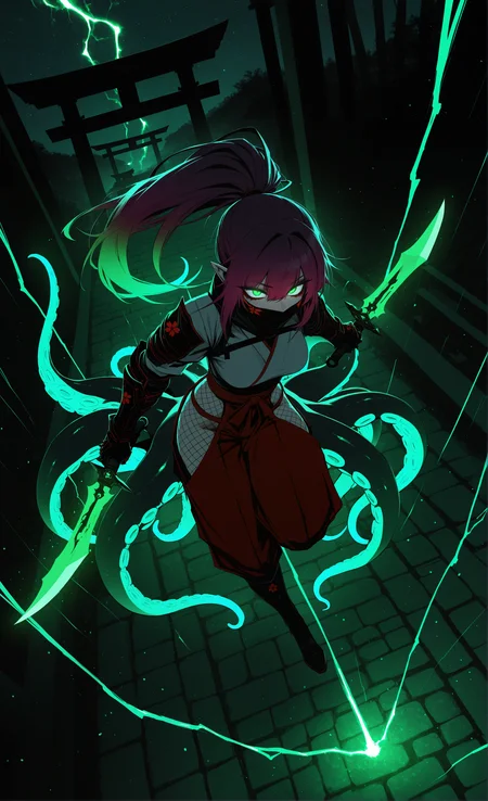 masterpiece, sharp detail, intricate detail, hair shader, 1girl, j.k., medium breasts, (dark deep purple upper hair), gradient hair, red eyeliner, (green tips), long hair, high ponytail, pointy ears, vivid green eyes, scylla, monster girl, 4 thin long purple tentacles growing from back, white ninja outfit, fishnet, gauntlets, glowing eyes, dynamic pose, dynamic angle, from above, wide shot, hakama pants, sakura print, hip vent, jumping, detailed eyes, glowing eye trail, knee boots, detailed background, intricate textures, glowing trails, holding short dagger, (black and green lightning), covered mouth, stone floor, east asian architecture, torii, partially illuminated, <lora:V2_yakumo_alchemy:0.7> glowing, glowing particles, glowing light particles, light particles, green flame, green-red theme,  chiaroscuro, volumetric lighting, dappled light, dramatic shadows, cinematic lighting, detailed background, light and shadow contrast, starry sky, glowing meteor shower,