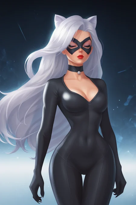 <lora:BlackCatpony10:1>,
score_9,score_8_up,score_7_up,
BlackCat,1girl,solo,long hair,breasts,bodysuit,mask,skin tight,medium breasts,makeup,black bodysuit,3Dmodel,black_cat_\(marvel\),choker,closed eyes,narrow waist,covered navel,very long hair,red lips,wide hips,cowboy shot,lipstick,lips,domino mask,cat ears,
Fabrics of clothes: technology granules,frosted wear resistance,nano fiber,carbon fiber fabric.,
The details of the clothing fabric reflect the sense of technology.,cat paws,The clothes reflect on the colorful light,very dazzling,
Black texture background with a sense of technology,backlighting,claws,