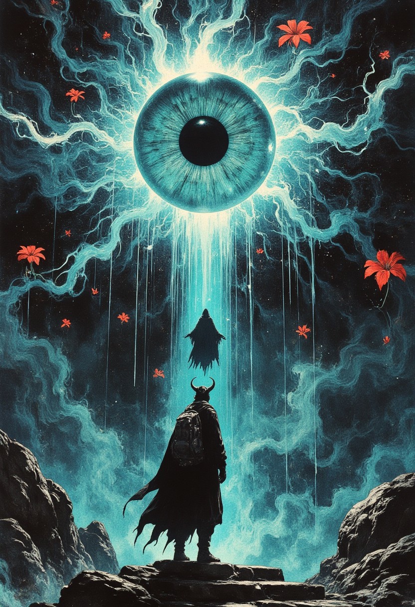 Horned adventurer with rugged cloak and backpack stands on ancient stone steps, facing a massive glowing eye with intricate teal iris details, suspended in the air. The eye is attached to spectral tentacles of swirling blue energy that extend and connect to a floating humanoid figure. The figure, cloaked and ominous, seems fused with the tendrils, arms outstretched as if controlling or channeling the energy. Red alien flowers float within the energy streams, adding eerie contrast. Background features a dark, surreal sky filled with swirling cosmic clouds, faint shadowy figures, and glowing streaks of blue light. Cinematic composition, dynamic perspective slightly over the adventurer's shoulder, the eye and figure slightly off-center, creating tension and depth.