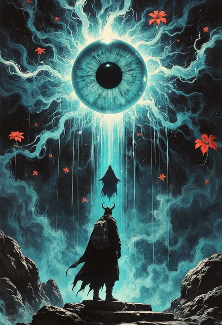 Horned adventurer with rugged cloak and backpack stands on ancient stone steps, facing a massive glowing eye with intricate teal iris details, suspended in the air. The eye is attached to spectral tentacles of swirling blue energy that extend and connect to a floating humanoid figure. The figure, cloaked and ominous, seems fused with the tendrils, arms outstretched as if controlling or channeling the energy. Red alien flowers float within the energy streams, adding eerie contrast. Background features a dark, surreal sky filled with swirling cosmic clouds, faint shadowy figures, and glowing streaks of blue light. Cinematic composition, dynamic perspective slightly over the adventurer's shoulder, the eye and figure slightly off-center, creating tension and depth.