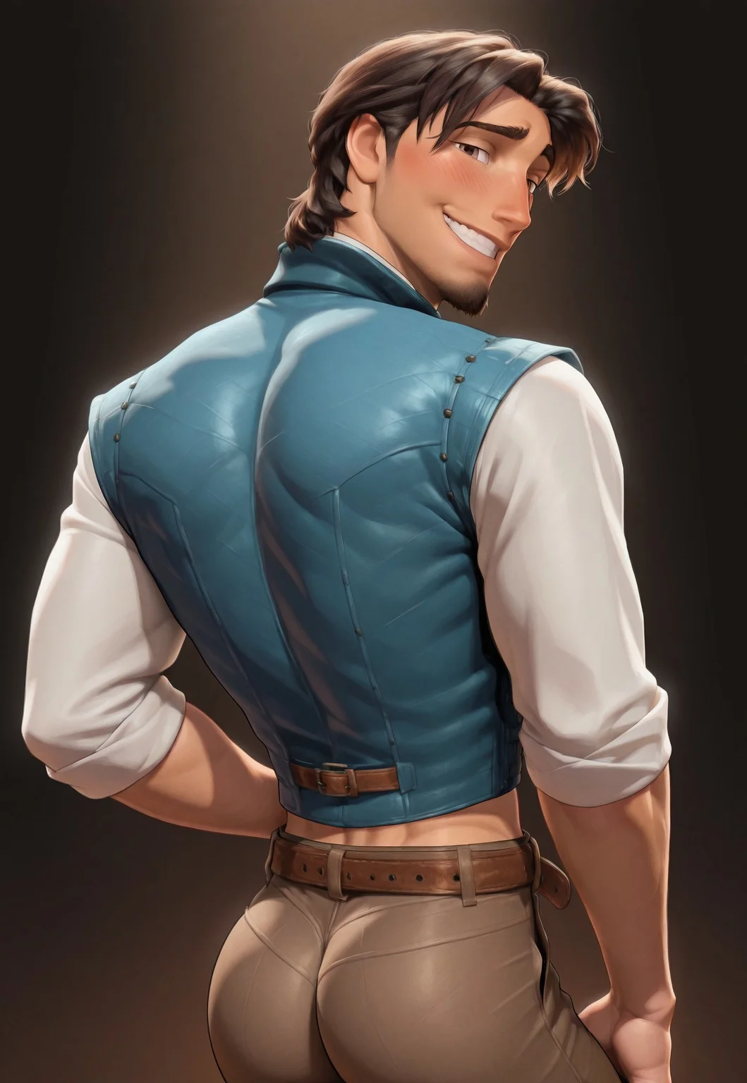 safe_pos, score_9, score_8_up, score_7_up, Masterpiece, Best Quality, beautiful eyes, detailed eyes, male focus, dynamic angle, dim lighting, blush lines, male focus, solo, face focus, back, back view, looking back at viewer, seductive smile, teeth, cowboy shot, standing
((male)), ((mature)), ((adult)), handsome, sexy, ((skinny)), ((slim)), ((slender)), ((bara)), ((twunk)), white shirt, blue vest, belt, brown pants, big ass
F1ynn Rider, brown eyes, brown hair, hair strand, goatee, short hair