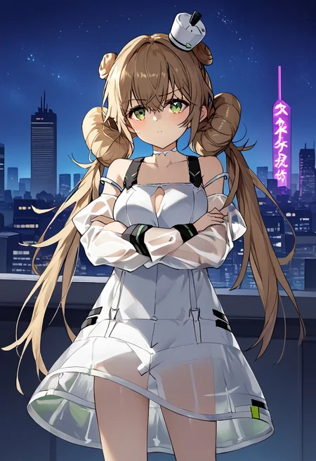 1girl, solo, highres, AlyconeEucharist, long hair, green eyes, bangs, hair bun, very long hair, double bun, twintails, brown hair, hair between eyes, blonde hair,
dress, bare shoulders, white dress, long sleeves, collarbone, see-through sleeves, clothing cutout, medium breasts, hat, see-through dress,
crossed arms, pout, blush,
looking at viewer, legs apart,
night, night sky, cityscape, neon lights, rooftop, backlighting, cyberpunk, science fiction,