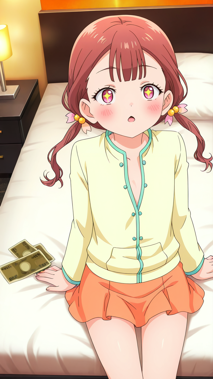 1girl,full_shot,looking_at_viewer,solo,anime screenshot,Kamoto_Suzu,skirt,looking_up,from_above,<lora:Kamoto_Suzu_Illustrious_v3:1>,little_girl,hotel room,yellow jacket,skirt,bare_legs,blush,sitting_on_bed,+_+,open mouth,unbuttoned shirt,money,solo_focus,holding_money,, masterpiece, best quality