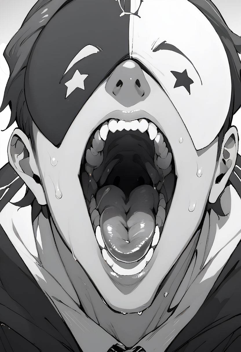 score_9, score_8_up, score_7_up, source_anime, rating_questionable, 1boy, vanir, male focus, close up, open mouth, teeth, wet lips, tongue out, uvula, monochrome, stark contrast, black and white, front view, fisheye perspective,