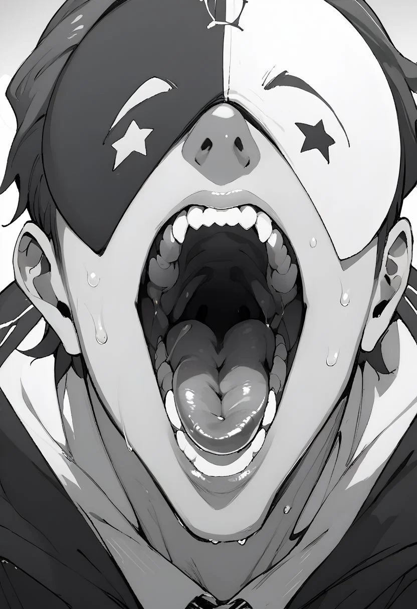 score_9, score_8_up, score_7_up, source_anime, rating_questionable, 1boy, vanir, male focus, close up, open mouth, teeth, wet lips, tongue out, uvula, monochrome, stark contrast, black and white, front view, fisheye perspective,