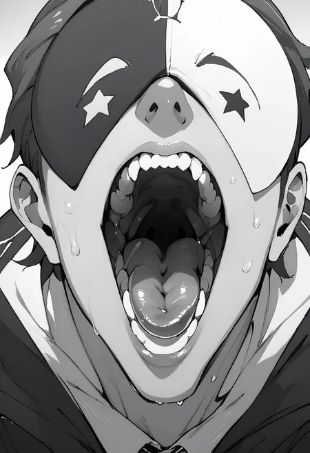 score_9, score_8_up, score_7_up, source_anime, rating_questionable, 1boy, vanir, male focus, close up, open mouth, teeth, wet lips, tongue out, uvula, monochrome, stark contrast, black and white, front view, fisheye perspective,