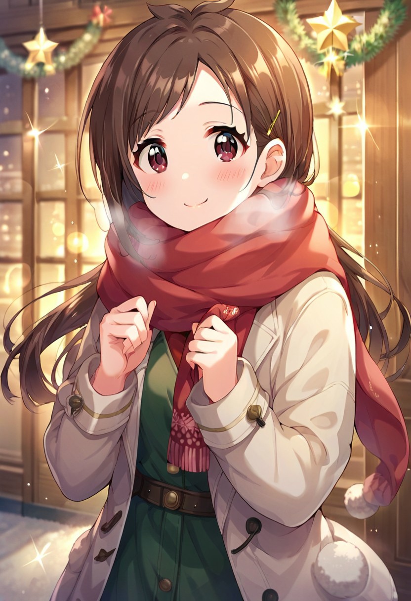 score_9, score_8_up, score_7_up, source_anime,tsujino akari, brown hair, long hair, brown eyes, 1girl, scarf, red scarf, blush, christmas, solo, smile, hair ornament, coat, hairclip