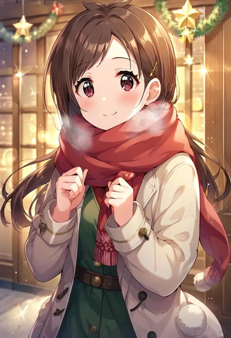 score_9, score_8_up, score_7_up, source_anime,tsujino akari, brown hair, long hair, brown eyes, 1girl, scarf, red scarf, blush, christmas, solo, smile, hair ornament, coat, hairclip