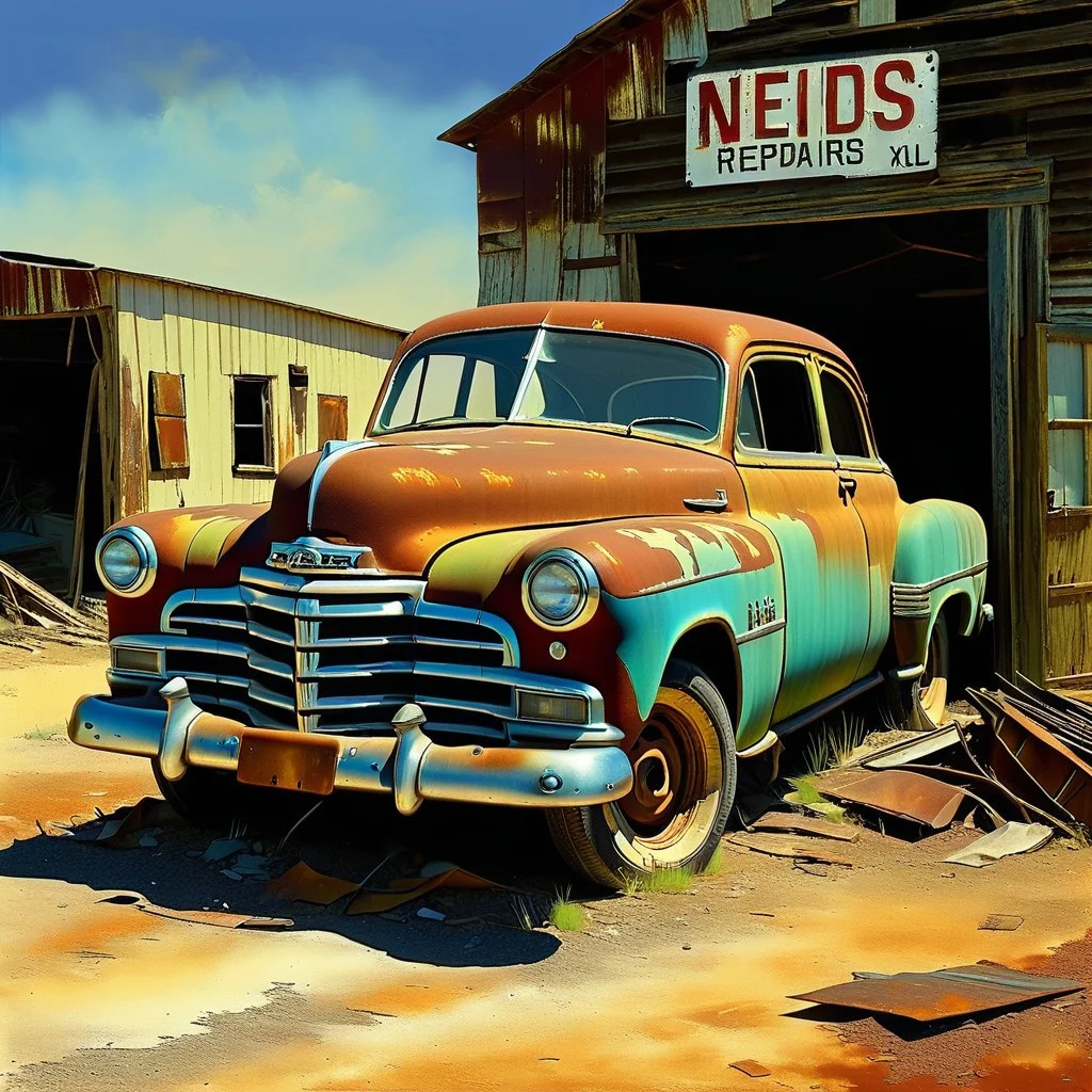 style of [ Eytan Zana | Alfons Walde | Halil Ural ], score_9, score_8_up, score_8_up, ng_deepnegative_v1_75t, colorful, magical, dreamlike, painterly,  iillustration, automobile (rusted out, junker, derelict, dusty) with SIgn on it that reads  "NEEDS REPAIRS" very detailed: 1.5, masterpiece, PYS-XL,