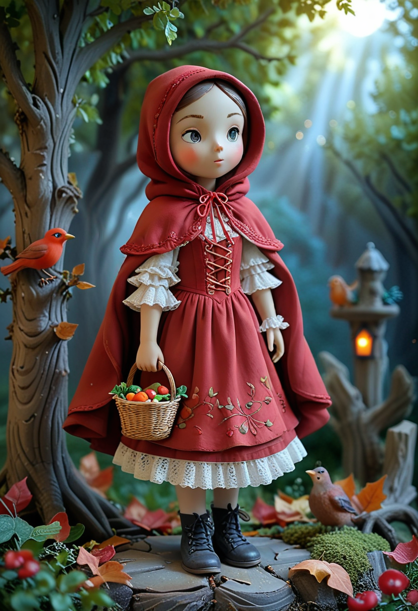 masterpiece, best quality, (curious red riding hood) young character, wearing a dark red hooded cape, lace-up bodice, long skirt with lace trim, leather shoes , bonnet, set in  a serene woods, with rustling leaves, dappled sunlight, a gentle breeze, birds singing, and a sense of peace, under the moonlight, at night, smiling