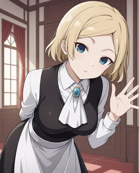 masterpiece, best quality, hayasaka_nao, <lora:Kaguya-sama_Love_Is_War_-_Hayasaka_Nao:1>, blonde hair, blue eyes, parted bangs, short hair, medium breasts, standing, indoors, hand behind back, looking at viewer, parted lips, maid, waist apron, black dress, white shirt, white ascot, white apron, vest, blue brooch, long sleeves, waving, waving at viewer, leaning forward, head tilt,