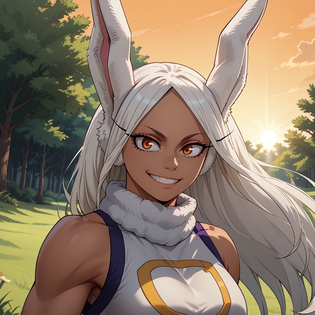 score_9, score_8, BREAK, Mirko, dark-skinned rabbit girl, rabbit ears, dark skin, dark skin female, boku no hero academia, anime screencap, sexy pose, self portrait, smile, outdoors, sunlight, shadows, evening lighting, natural lighting, forest, trees, grass, orange sky, sunset