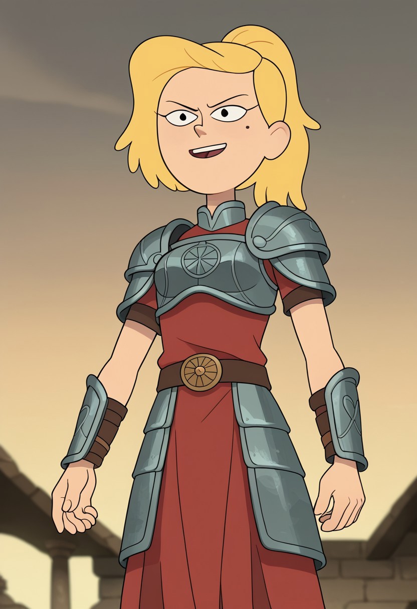 score_9, score_8, score_7, score_6,
triplevexx, solo, sasha waybright, blonde hair, ponytail, black eyes, mole under eye,
Character Description: A muscular woman with a fierce expression and braided hair.
Outfit: A battle-worn gladiator armor with intricate engravings and a flowing cape.
Action: She is raising her sword triumphantly after winning a duel.
Background: The sandy arena of an ancient coliseum, with cheering spectators blurred in the background.
Composition Details: Dramatic, low-angle lighting highlights her strength and victory, with a close-up shot that captures the intensity in her eyes and the gleam of her sword.