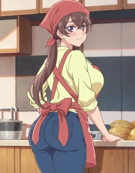 score_9, score_8_up, score_7_up, anime screencap, solo,1girl,apron,bandana,pants, brown hair, purple eyes, looking at viewer, smile, shirt, collarbone, yellow shirt, ponytail, bangs, long hair,hair between eyes,large breasts, huge ass,cowboy shot,blush,from behind,<lora:nagomiakiho:0.8>