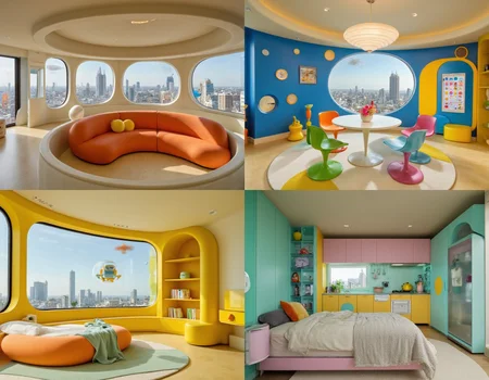 This set of four images captures a playful and retro-futuristic home inspired by the Jetsons, featuring bold colors and 70s-style furniture; [IMAGE1] showcases a circular living room with a sunken seating area, a bubble-shaped sofa in bright orange, and large windows revealing floating cityscapes in the sky; [IMAGE2] highlights a dining area with a round table, colorful tulip chairs, and a floating pendant lamp with a retro design, set against a bright blue wall with circular cutouts; [IMAGE3] displays a bedroom with a floating bed, a built-in console with glowing buttons, and a curved bookshelf in a vibrant yellow; [IMAGE4] shows a quirky kitchen with rounded cabinets, a hovering robot assistant, and a transparent refrigerator filled with colorful items, completing the futuristic, mid-century modern vibe