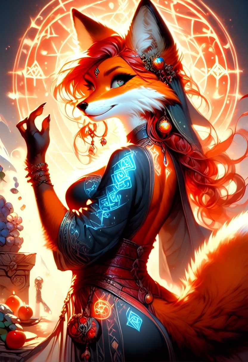 score_9, score_8_up, score_7_up, dancing dynamic pose,large breasts, slim waist, red hair, solo, anthro,fox,female,foxfolk,(red and orange fur, thick fur:1.3, extreamly detailed fur, soft fur),large breasts, slim waist, peach ass, sorceress, cleavage cut out, magical robes,Glowing runes on robes, Glowing Runes ,Glowing Rune Circle,  dynamic angle from back, looking back at viewer,magical athmosphere, realisitc,