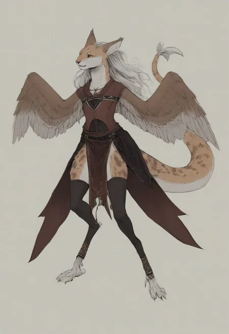[creature name: Palagiri]
1 person, harpy, ((no arms, wings only)):1.6, androgynous, flat chest, no breasts, anthro, ((long hair)), ((long toes, nimble toes, handfeet)):1.4,, dynamic pose, detailed face, fully clothed, pelvic curtain skirt, feline features, feline nose, feline ears, ((thick tail, tapering tail, feather tipped tail)), harpy:1.2, large wings, digitigrade legs, rating: safe