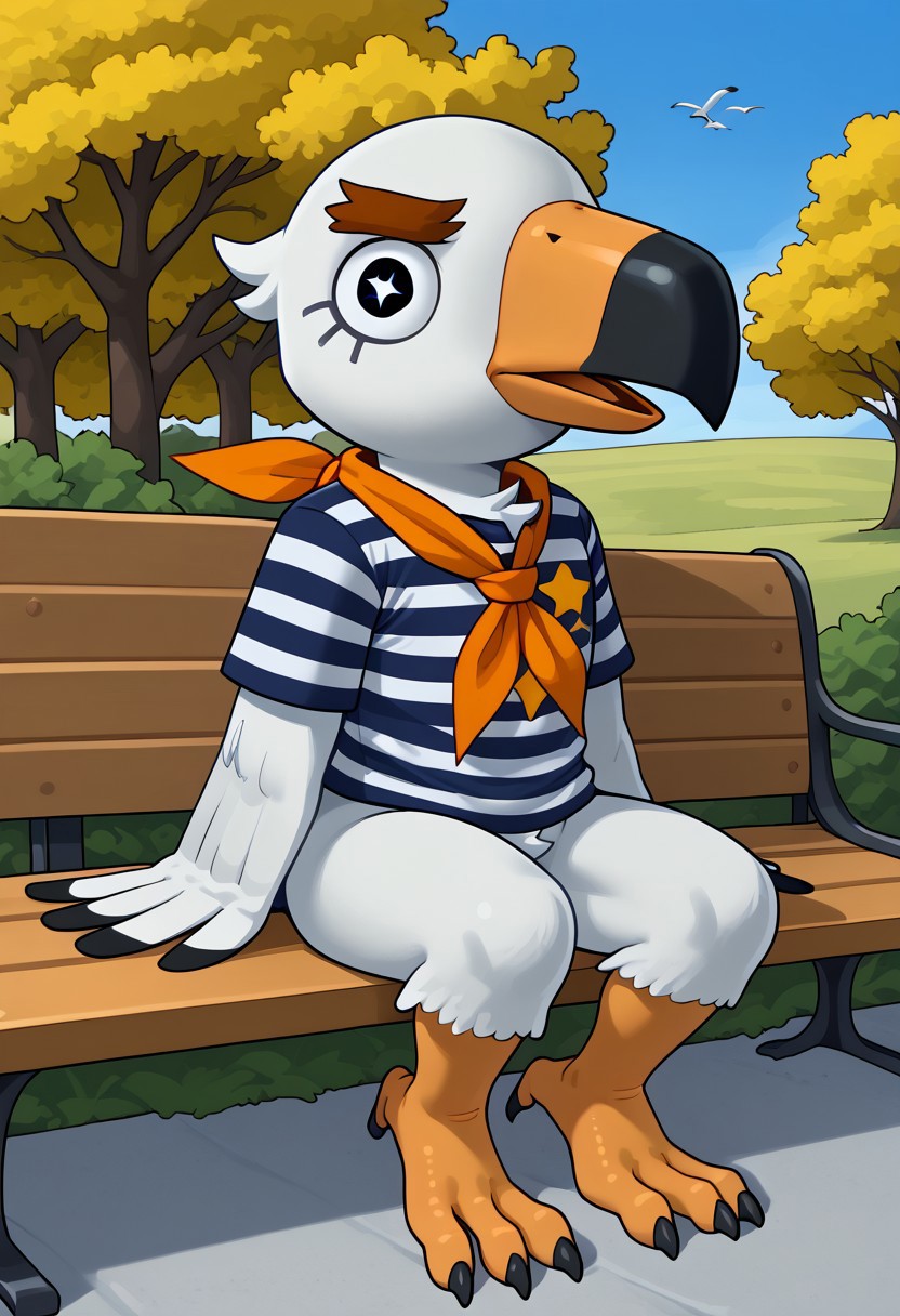 1boy, furry, solo, seagul, bird, white feathers, beak, orange beak, thick eyebrows, black eyes, star pupila, striped shirt, neckerchief, bottomless, three toes, flat feet sitting on a bench, Expressiveh