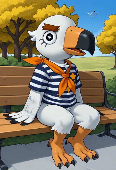 1boy, furry, solo, seagul, bird, white feathers, beak, orange beak, thick eyebrows, black eyes, star pupila, striped shirt, neckerchief, bottomless, three toes, flat feet sitting on a bench, Expressiveh