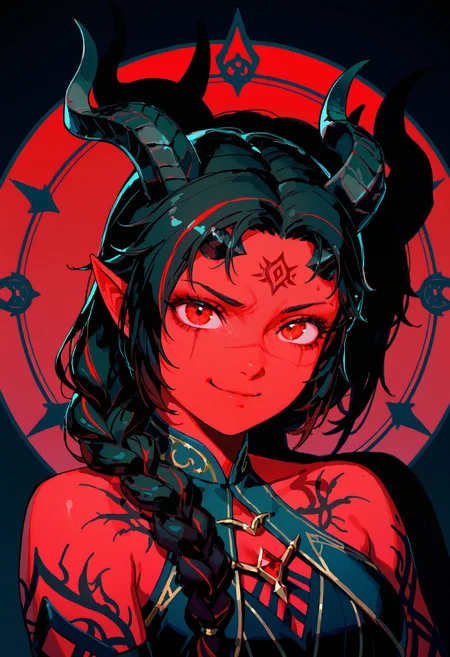 (best quality, good quality, newest, recent, messy_linework, thick_outlines, flat_colors, black_outline, drop_shadow, shadows, anime_coloring, painterly, digital_painting_\(artwork\))
CRVT-Illu, dark_theme, muscular, black_theme, baldur's_gate baldur's_gate_3 dungeons_&_dragons karlach 1girl bare_shoulders black_hair braid broken_horn close-up colored_skin curled_horns eyebrow_cut from_side horns multicolored_hair pointy_ears portrait realistic red_eyes red_hair red_skin scar scar_on_cheek scar_on_face signature smirk solo streaked_hair tiefling two-tone_hair )