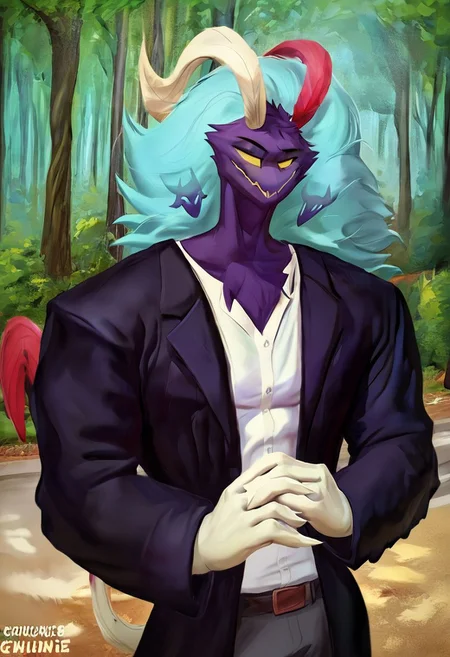 asmodeus[HH], Ozzie[HH], HornyRooster[HH], purple body, purple fur, long hair, hair, blue hair, long blue hair, messy hair, messy long hair, messy blue long hair, yellow eyes, coloured sclera, no pupils, feathers on head, (male anthro demon rooster:1.5)  Solo, alone, by himself, 1boy, male.  clothing, clothed, dressed, white shirt, shirt, white shirt, mid waisted slacks, grey mid waisted slacks, mid waisted dress pants, grey mid waisted dress pants, black coat, long black coat, 1920s coat, 1920s black coat.   athletic, athletic body, muscles. (brown body), (muscles:1.5), (purple body:1.1),  headshot, close to face, bustshot photo, bustshot.  outside, park, forest, woods, trees.  HD, digital painting, digital art, masterpiece.  standing, standing up.    closed mouth, happy emotion.    HD, digital painting, digital art, masterpiece ((bustshot portrait)), digital drawing (artwork), digital media (artwork), hi res, (furry art, uploaded on e621:1.1), best quality, highly detailed, intricate details, extremely detailed, perfect hands, negative_hand.