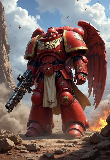 A towering blood angels Warhammer 40k Space Marine in full ceramite power armor, standing amidst a war-torn battlefield with a bolter pistol and a chainsaw-sword.