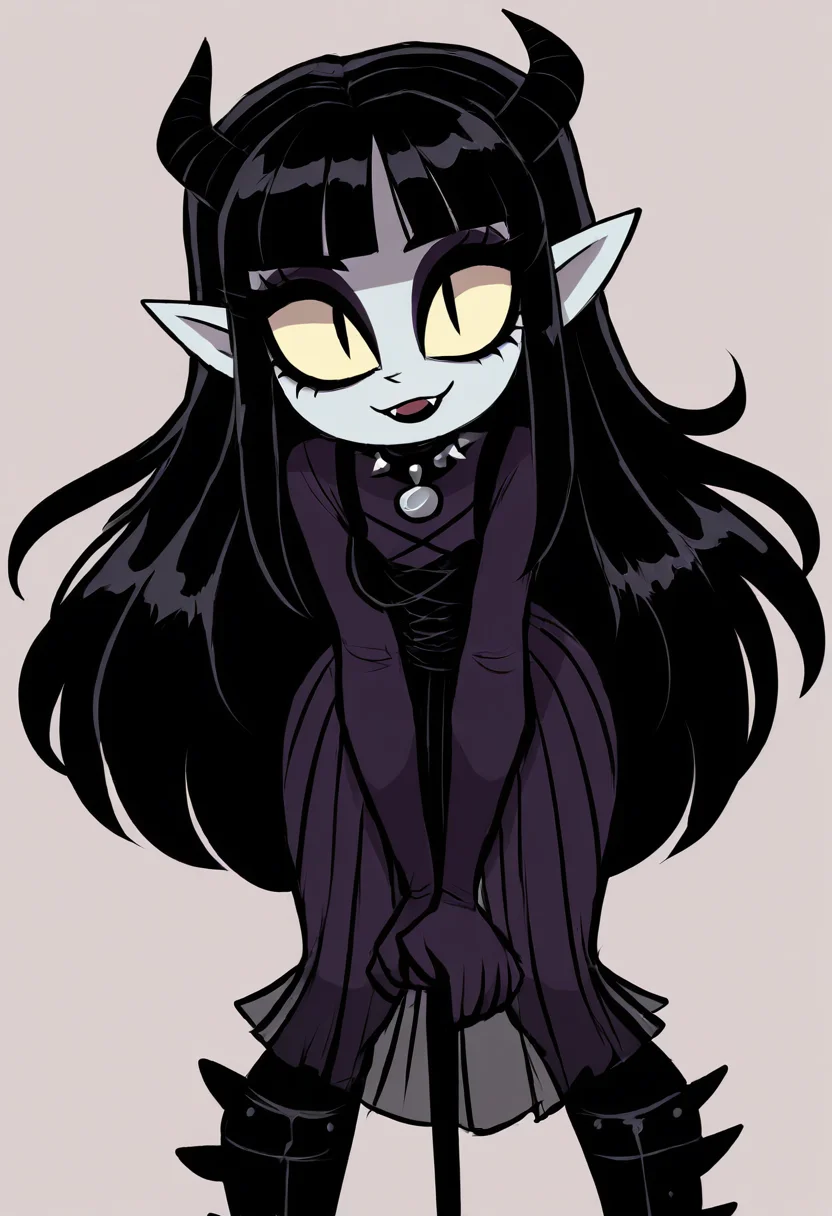 (masterpiece, best quality, good quality, very aesthetic, absurdres, newest:1.2), 1girl, solo, eyelashes, (beautiful eyes), 1girl, solo, long hair, black hair, purple and black hair, looking at viewer, horns, pointy ears, bangs, blunt bangs, slit pupils, yellow sclera, grey skin, makeup, eyeshadow, black lips, purple dress, black boots, knee boots, spikes, spiked collar, gothic, , <lora:VampieNAI:0.8>, leaning forward, head tilt, heart, smile, <lora:ZankuroStyle_NAI:1.0>,