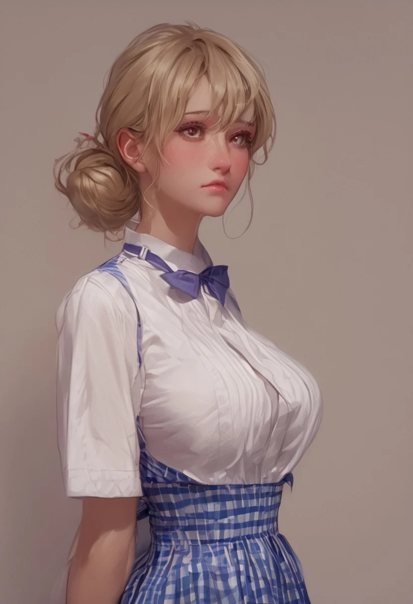 score_9, score_8_up, score_7_up, score_6_up, 
1girl, 18 years old, brown eyes, blonde hair, 
perfect beautiful face, shy, 
medium large breasts, 
majicmix_style, kobeya uniform, stripteasing, 
blue skirt, blue neckwear, 
<lora:kobeya_Pony_v1:0.7>