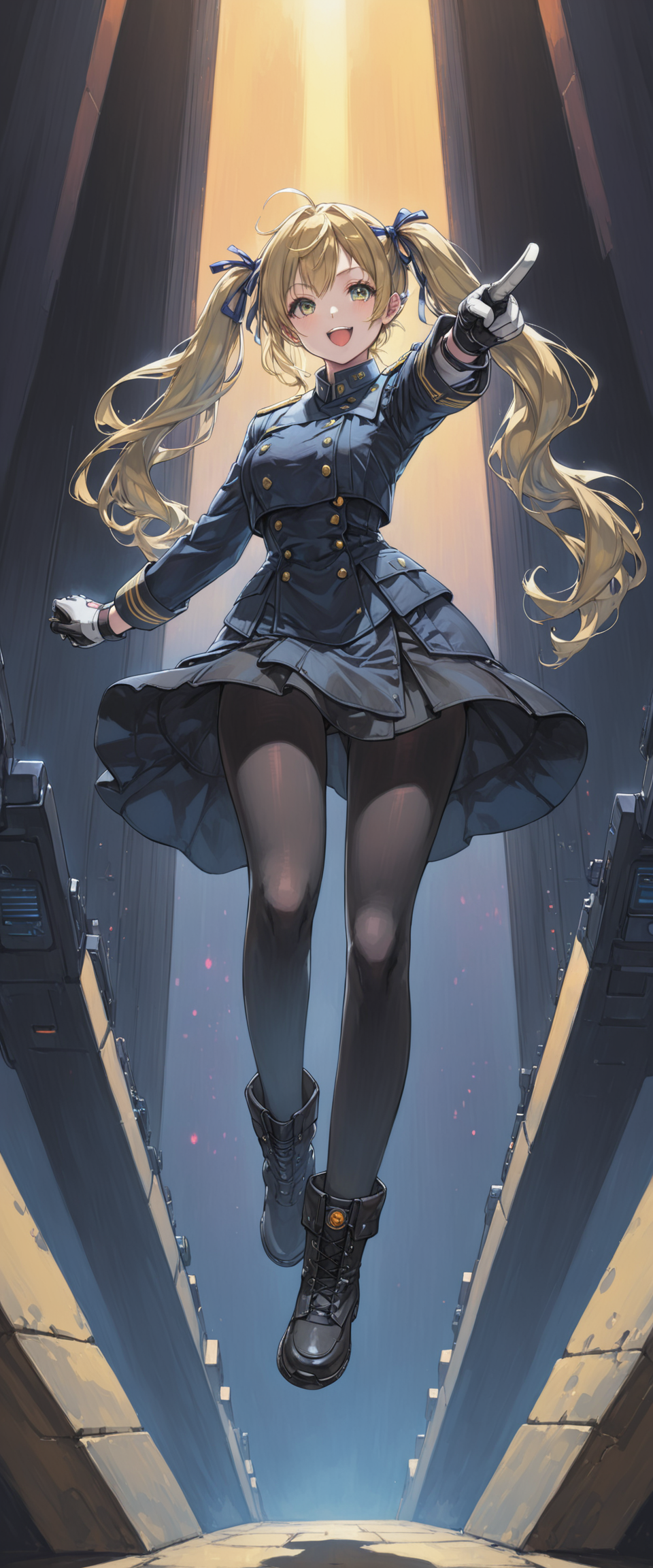 <lora:yukihiro_kajimoto_so2r_xl:0.8> <lora:IOS_Iridescent_opal_style:0.6> 1girl, welch, ;d, 1girl, black_legwear, blonde_hair, boots, gloves, hair_ribbon, long_hair, long_sleeves, looking_at_viewer, military, military_uniform, pantyhose, pointing, ribbon, skirt, twintails, uniform, [1990s \(style\):cyberpunk edgerunners:0.5], [lens flare:opal:06], intricate detail, cinematic lighting, amazing quality, amazing shading, ((masterpiece, best quality)), dynamic pose, (from below), full body, (thigh gap), yurihiro kajimoto