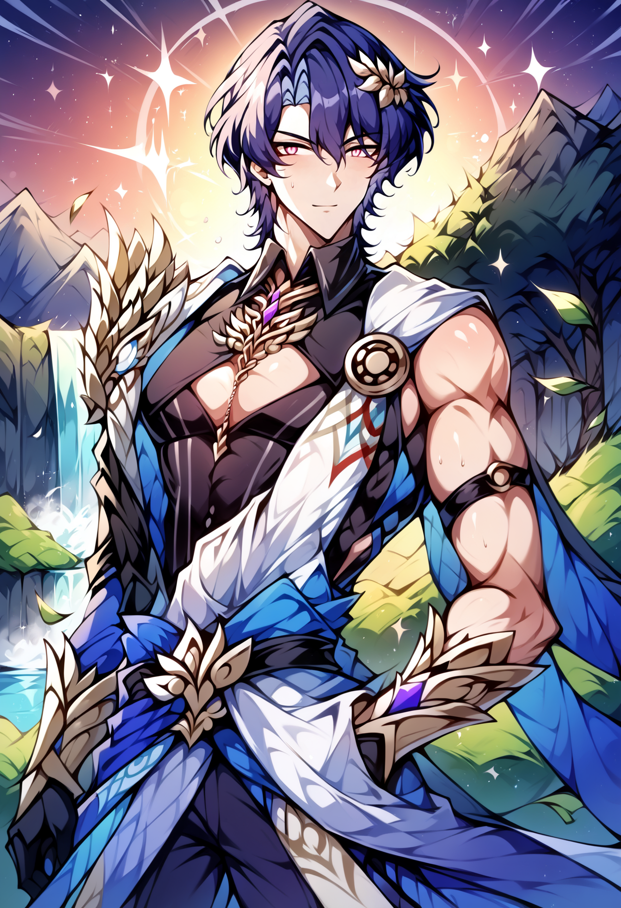 concept art Advertising poster style score_9, score_8_up, score_7_up, score_6_up, score_5_up, score_4_up, <lora:intricate_details:0.5> intricate_details_xl, cowboy shot
BREAK
 <lora:Honkai_Impact_Dr_Ratio_v1.1-000040:1> 1boy, solo, Dr. Veritas Ratio, Dr. Ratio, honkai: star rail, yellow pupils, solo, 1boy, male focus, gloves, short hair, pectoral cleavage, blue hair, pectorals, hair between eyes, looking at viewer, shirt, pink eyes, outdoors, waterfall,  . Professional, modern, product-focused, commercial, eye-catching, highly detailed . digital artwork, illustrative, painterly, matte painting, highly detailed