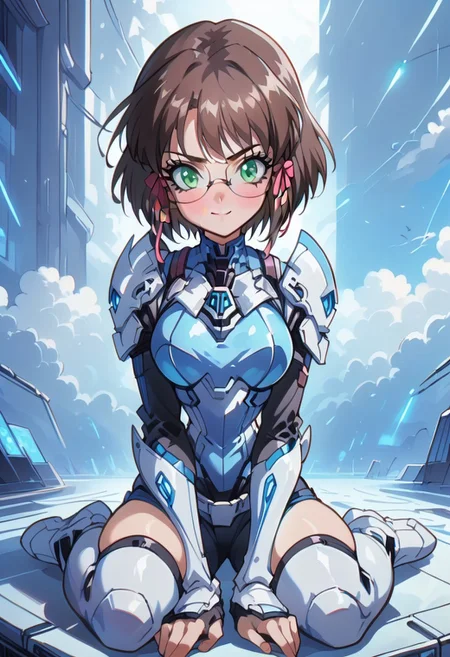 score_9, score_8_up, score_7_up, source_anime 1girl, true blue kaya, futuristic warrior girl, feminine, short hair, brown hair, hair ribbon, bangs, looking at viewer, green eyes, glasses, blush, smile, silver armor, silver tech, SilverPulse, sitting on floor, bent knees, defiant pose, futuristic background, neonpunk, <lora:Kaya_-_ã«ã¤_TRUE_BLUE_Gaiden_for_Pony:1>, rating_questionable