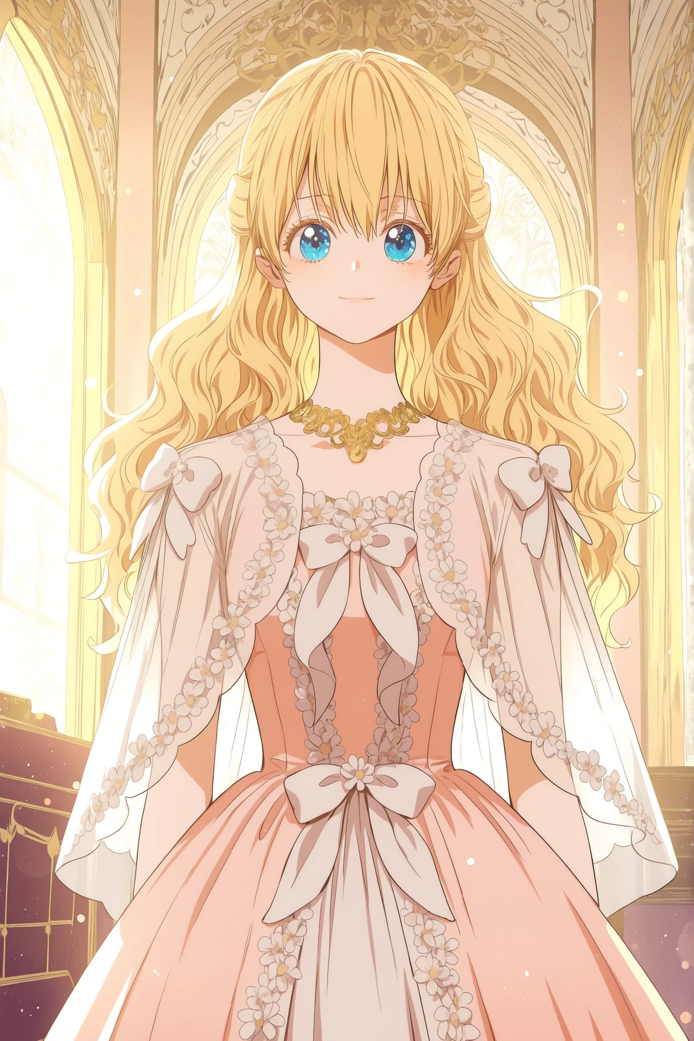 masterpiece, best quality, absurdres, high quality, detailed illustration, majestic atmosphere, peachornatedress, 1girl, solo, athanasia, blonde hair, blue eyes, wavy hair, long hair, hair buns, peach dress, dress, ornate dress, ruffles, ribbons, white ribbons, floral applique, sheer overlay, capelet, gold necklace, looking at viewer, regal expression, soft smile, warm lighting, indoors, palace interior, ornate background, detailed background, bokeh, cowboy shot