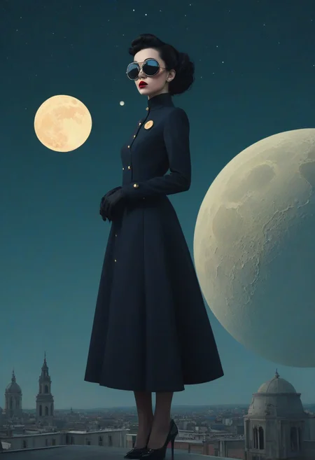 front portrait Photography, the moon, with strange architecture and polkadot 60's pastels color, in front of a crowd, art Nouveau, baroque, trending on ArtStation, tintricate, showing epic, The black hair, looking down on a suspended mid-air jet. create a sense of whimsy and mystery, masterpiece, retro style, a pop Courreges 2 attractive air hostess with large sunglasses mask, 80 degree view, art by Sergio Lopez , Natalie Shau, James Jean and Salvador Dali,
Twilight has spilled the ink, scary, in a dark room, 8k scenery, watercraft, cloud, sky, ship,
The traffic stops,