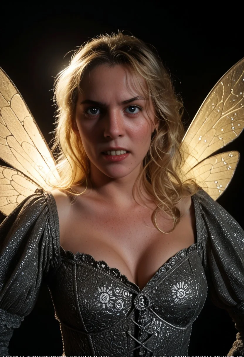 HD 32k dark movie still, photograph, hungry, 20 year old blonde female pixie fairy princess holding femur bone wearing medieval gossamer dress with two iridescence wings on her back, long blonde hair,detailed and colourful, intricate colourful landscape background, subsurface scattering, strong dappled lighting with soft shadows, ambient palette, strong lighting, highly aesthetic background, otherworldly, attractive colours, trending on artstation, sharp focus, studio photo, intricate details, highly detailed, cinematic realism, high action pose, perfect pupils, insanely detailed faces, correct digits,