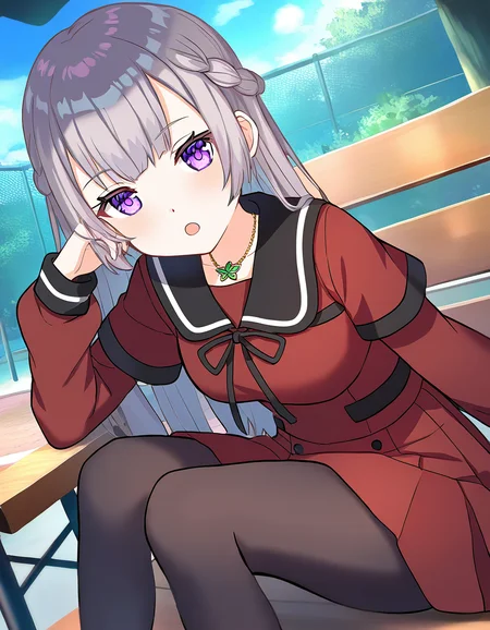 masterpiece, best quality, newest, absurdres, highres, safe, 1girl, shizumi konoha \(school uniform\), magia record: mahou shoujo madoka magica gaiden, red school uniform, pantyhose, solo, sitting, outdoors, dutch angle, <lora:shizumi_konoha_noobaiXLNAIXL_vPred10Version:0.7>