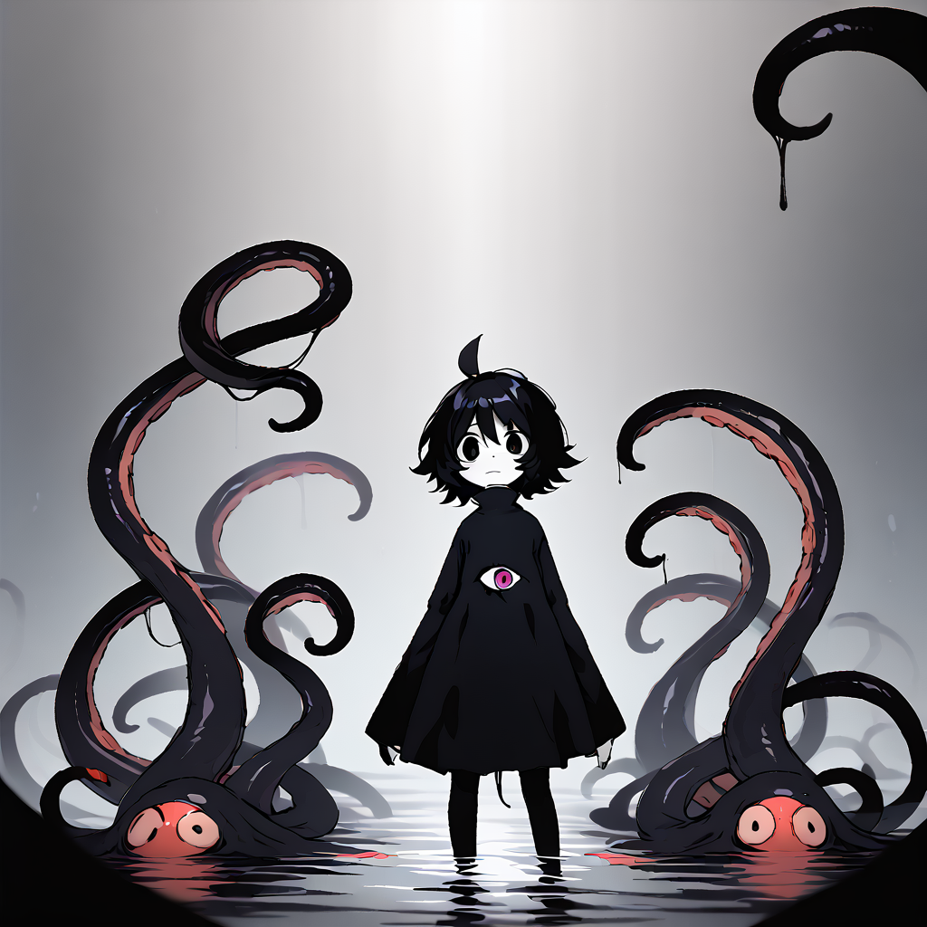 <lora:Mammon:1> 1girl, solo, black hair, ahoge, short hair, long sleeves, tentacles, black eyes, white skin, colored skin, black dress