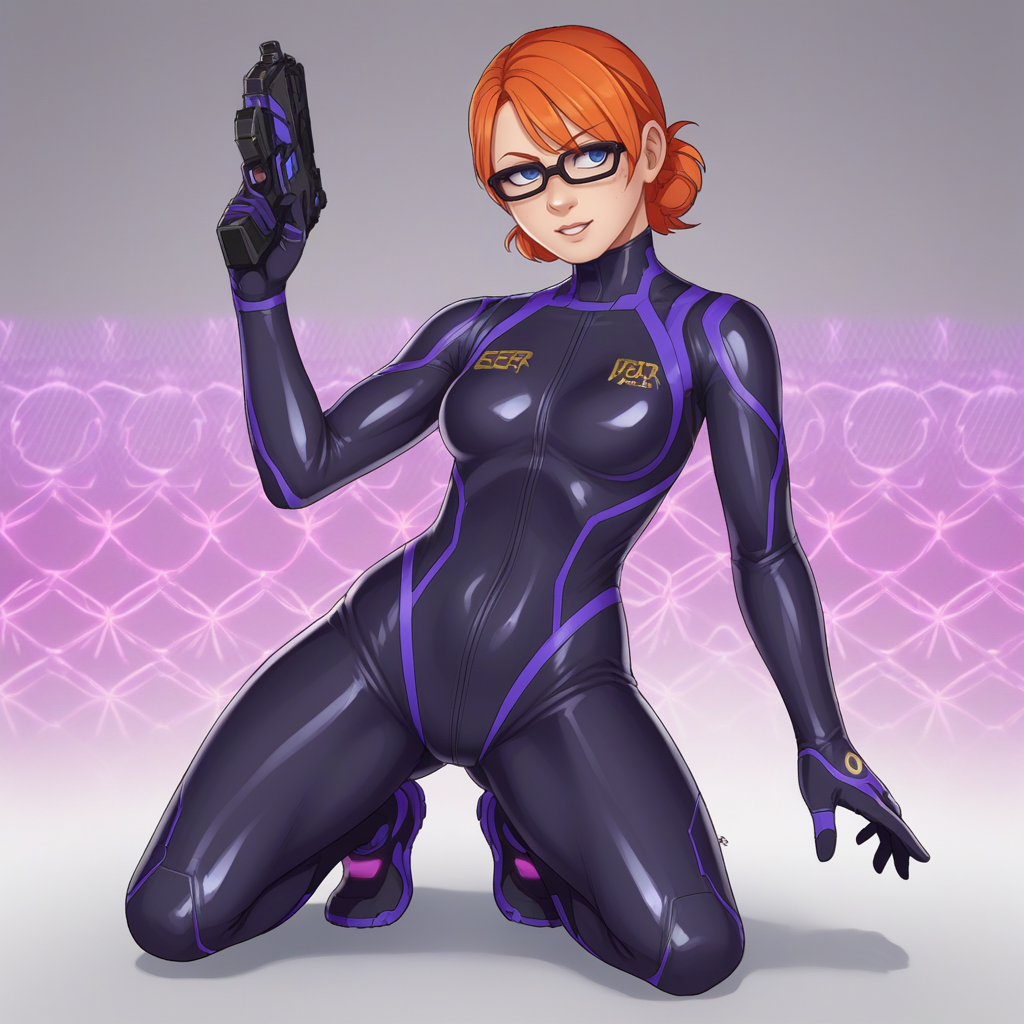 score_9, score_8_up, score_7_up, score_6_up, score_5_up, score_4_up, zPDXL2,source_anime, rating_questionable, 1girl, solo, full body, <lora:Kinzie_Kensington_-_Saints_Row:0.8> k1nzie, glasses, blue eyes, orange hair,posing, cyber setting, cyber background, neon, black bodysuit, curvy, hips cocked,