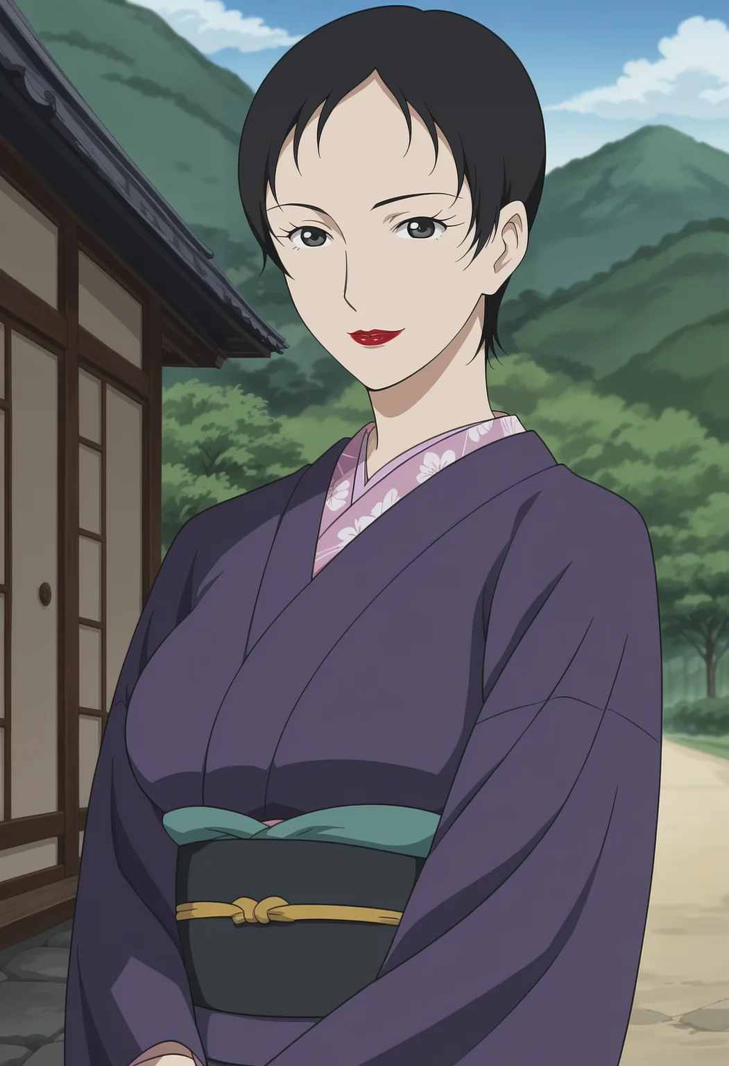 <lora:Reika_Ootori-Ghost_Hound:0.9>,Reika,mature female,1girl,solo,black hair,short hair,lipstick,large breasts,kimono,looking at viewer, light smile, outdoors
