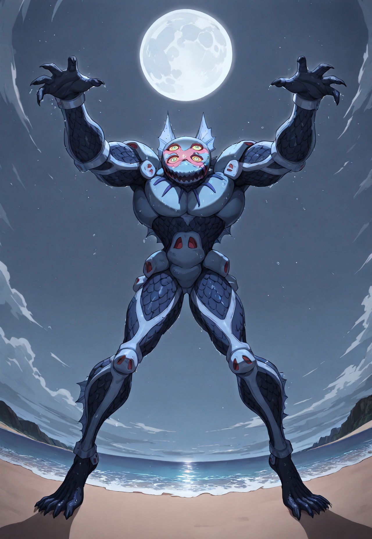 very awa, masterpiece, best quality, absurdres, newest, perfect quality, detailed background, intricate details, darkblujojo, flat head, four eyes, stand (jojo), fish boy, monster, muscular, fish scales, light blue skin, dark blue skin, webbed hands, webbed feet, claws, dorsal fin, no humans, solo, full body, green eyes, humanoid, jagged mouth, facial markings, yellow sclera, looking at viewer, wet, BREAK, (extreme perspective, dawn, full moon, beach:1.2)