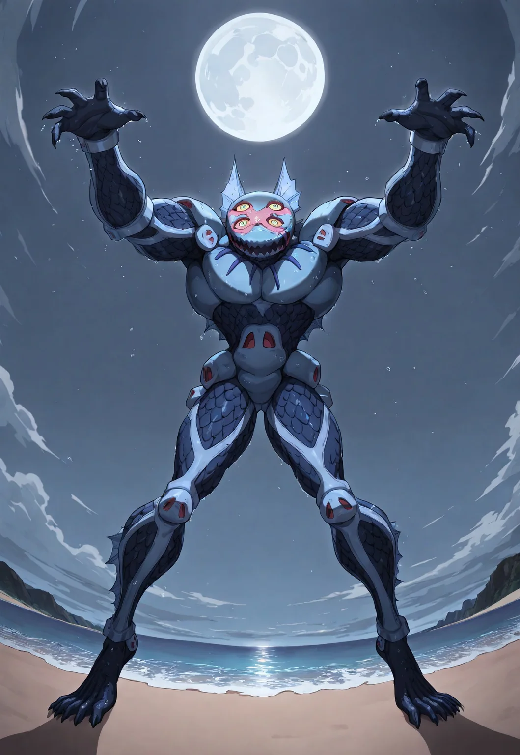 very awa, masterpiece, best quality, absurdres, newest, perfect quality, detailed background, intricate details, darkblujojo, flat head, four eyes, stand (jojo), fish boy, monster, muscular, fish scales, light blue skin, dark blue skin, webbed hands, webbed feet, claws, dorsal fin, no humans, solo, full body, green eyes, humanoid, jagged mouth, facial markings, yellow sclera, looking at viewer, wet, BREAK, (extreme perspective, dawn, full moon, beach:1.2)