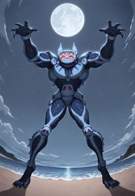 very awa, masterpiece, best quality, absurdres, newest, perfect quality, detailed background, intricate details, darkblujojo, flat head, four eyes, stand (jojo), fish boy, monster, muscular, fish scales, light blue skin, dark blue skin, webbed hands, webbed feet, claws, dorsal fin, no humans, solo, full body, green eyes, humanoid, jagged mouth, facial markings, yellow sclera, looking at viewer, wet, BREAK, (extreme perspective, dawn, full moon, beach:1.2)